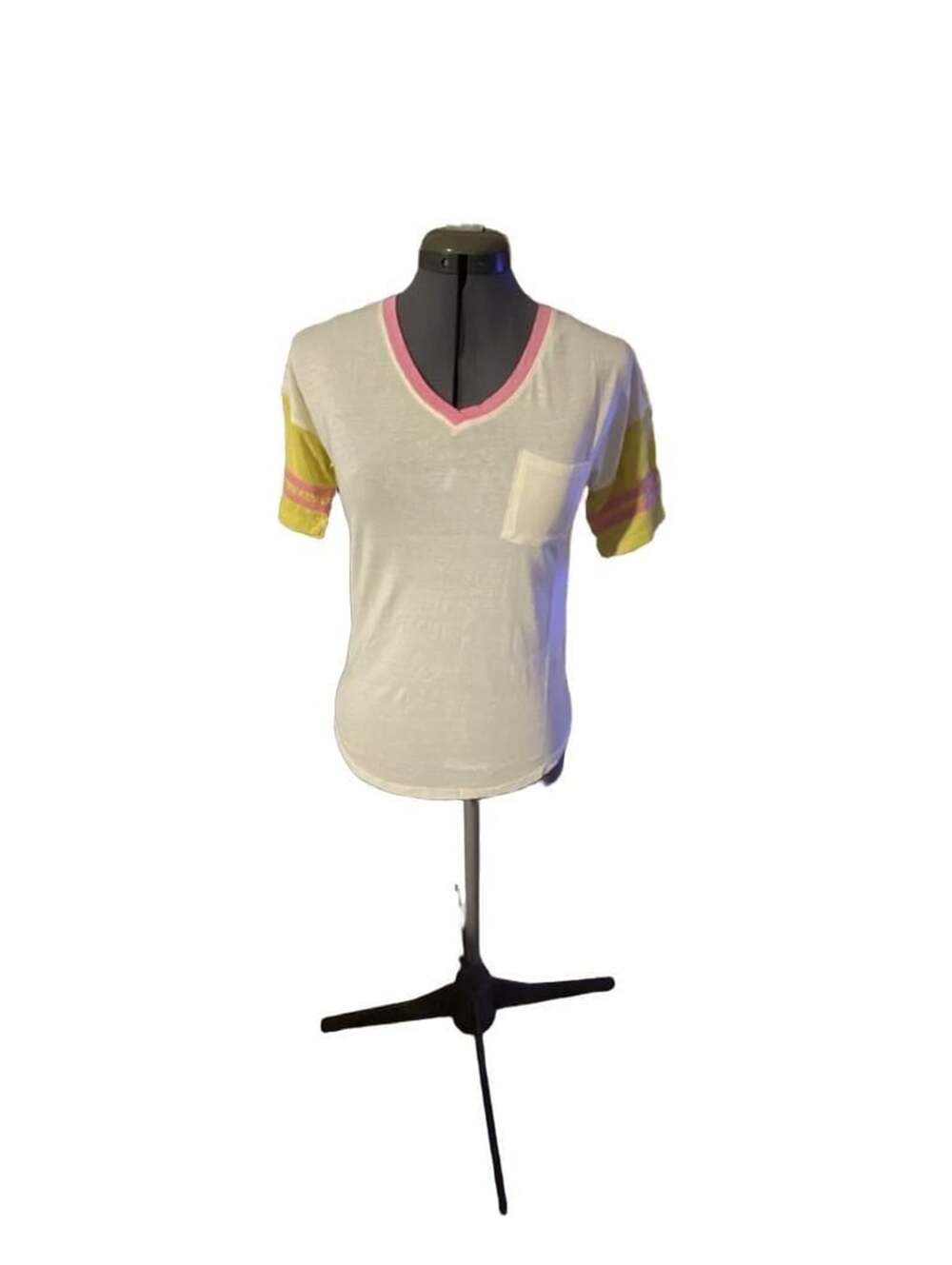 True Craft White Short Sleeve V-Neck Tee with Pink Trim and Yellow Sleeve Stripe